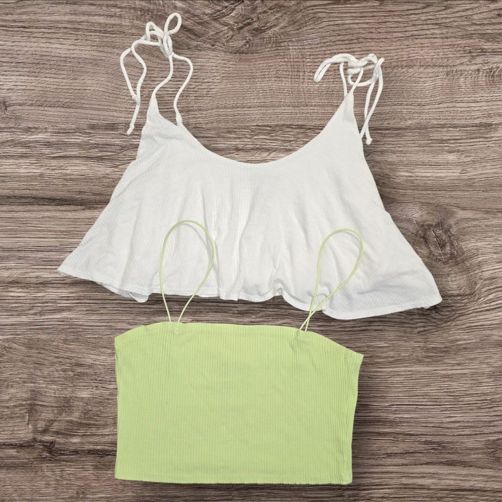 2-PIece Ribbed Crop Top Set Size Med White Lime Green Coquette Cute Y2K Festival